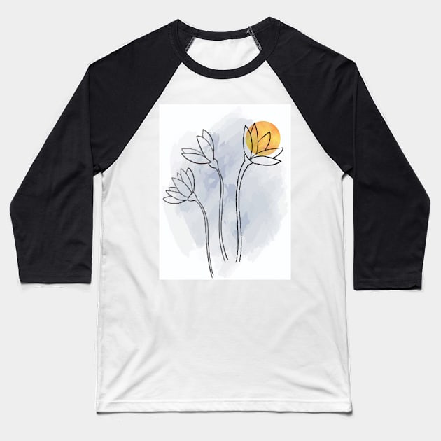 Sunset floral one line drawing, continuous line art drawing of minimal flowers and sun hand drawn vector illustration, rose flower sketchy art print Baseball T-Shirt by Modern Art